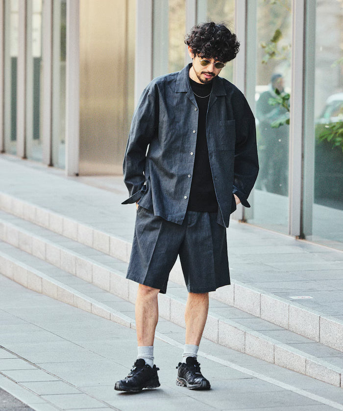 LINEN COTTON OPEN COLLAR SHIRT【Compatible with setups】