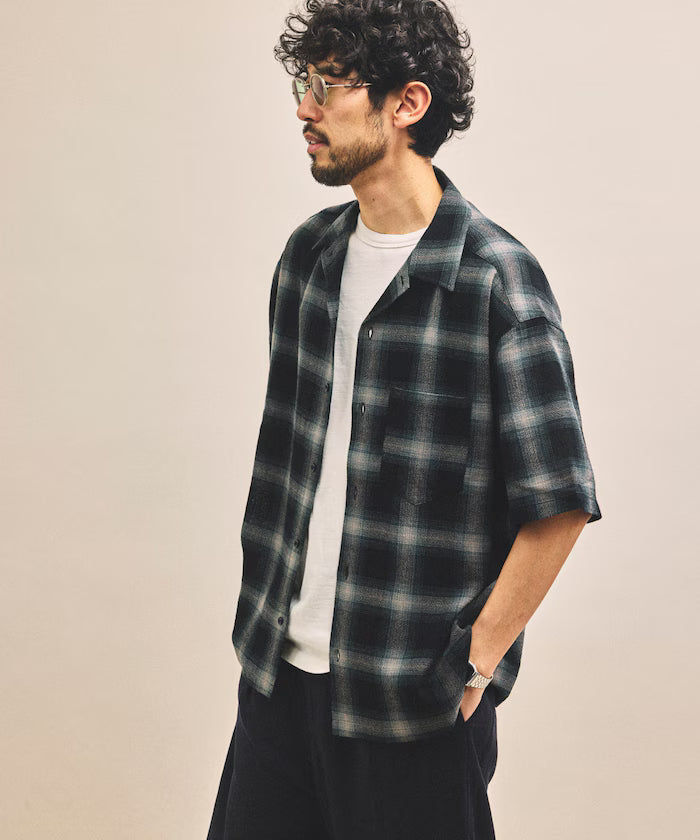 Dyed Ombre Check Open Collar Short Sleeve Sheer Shirt Relaxed Fit - Black