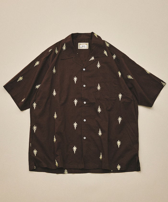 India-made all-over pattern embroidered relax-fit open collar short sleeve shirt