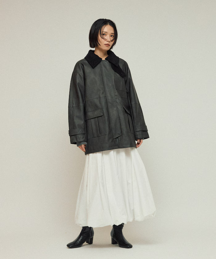 Oversized Crush Leatherette Jacket / Collar Corduroy