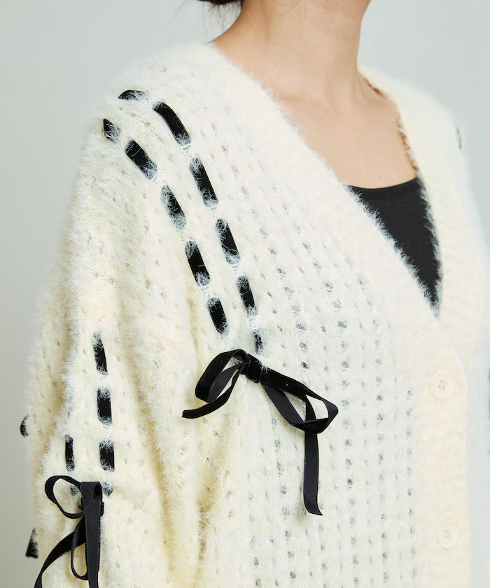 Velour Ribbon Braided Feather Knit Cardigan Limited Edition