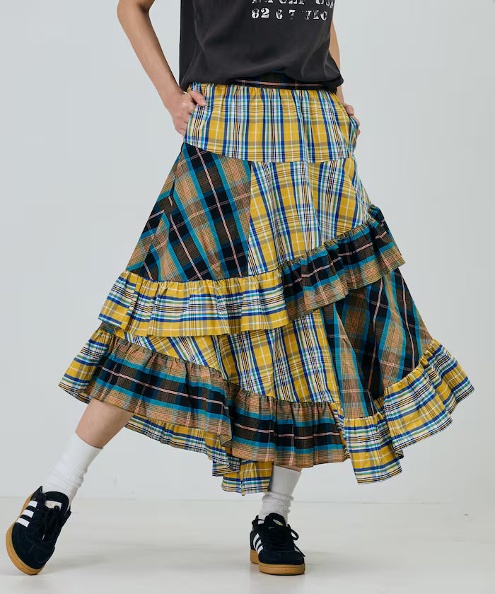 Check x Check Asymmetrical Frill Skirt - Yellow