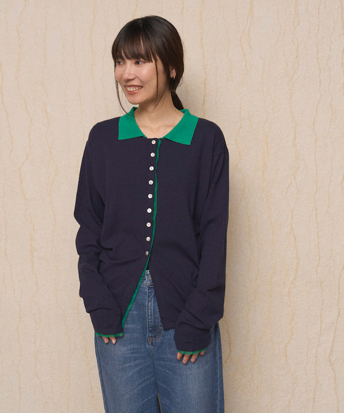 Color Design Fake Layered Long Sleeve Polo Knit Cardigan