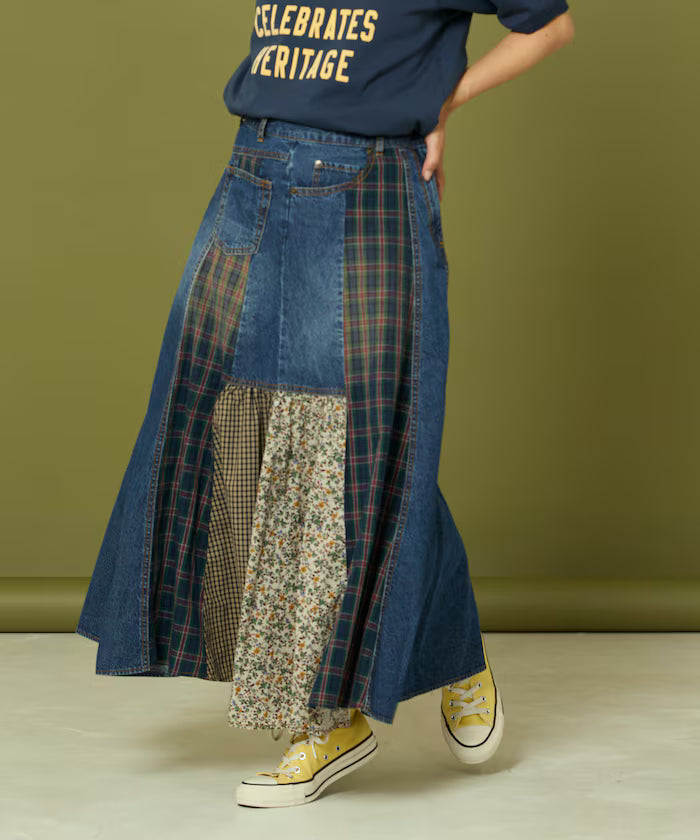 Side Front Denim Color Block Flared Skirt