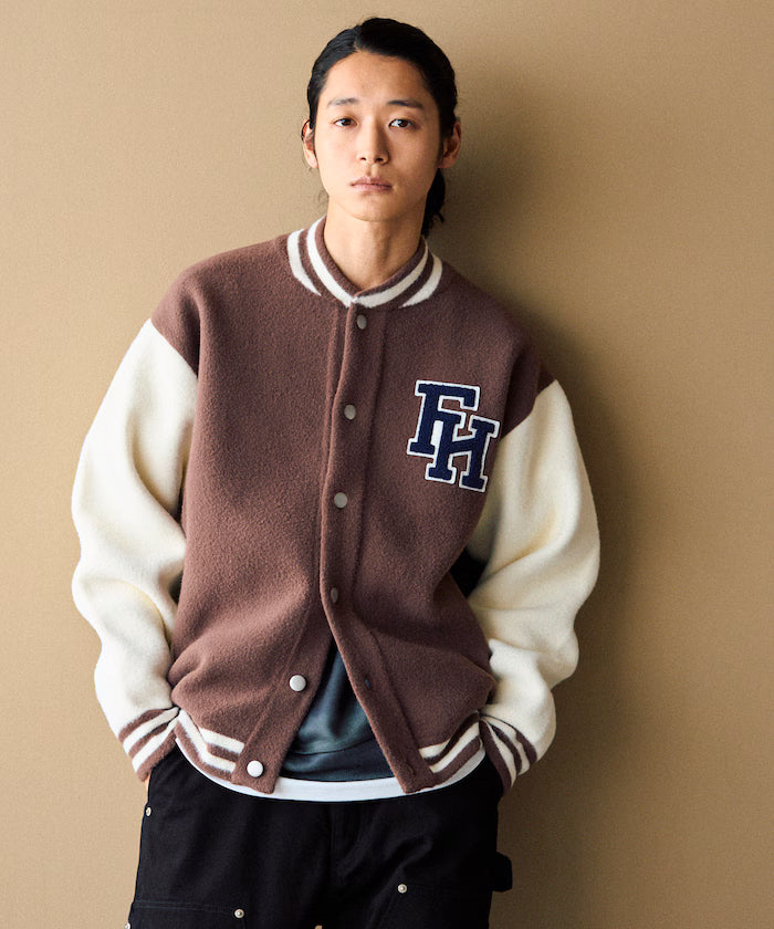 Relaxed Fit Logo Knit Varsity Jacket - Brown