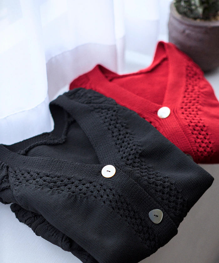 Variation Button Volume Sleeve Cable Knit Cardigan