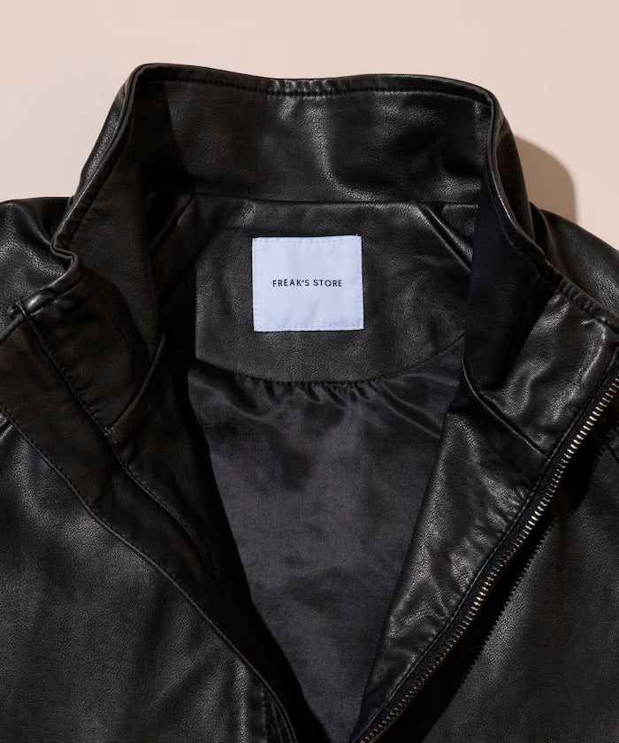 Washed processed leather red stand collar zip-up short blouson