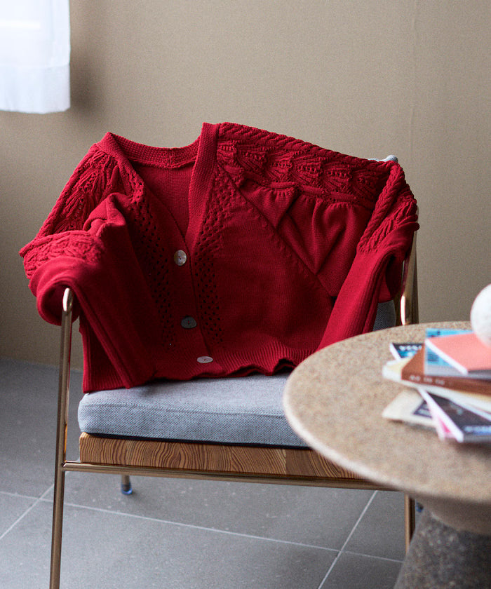 Variation Button Volume Sleeve Cable Knit Cardigan - Red