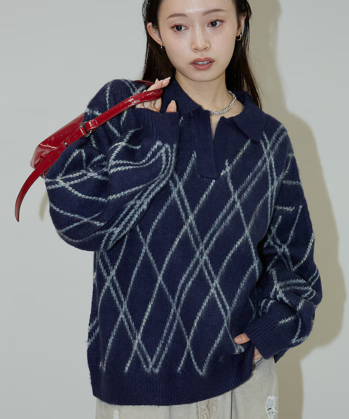 Checked pattern mohair touch skimmer knit limited edition - Navy