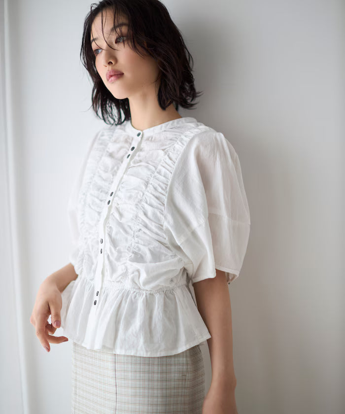 Sheer Shirring Volume Sleeve Blouse / 5 Short Sleeves