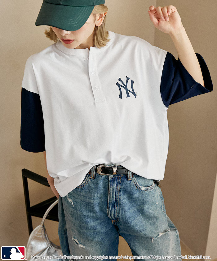 Limited Edition Custom MLB Logo Print Henley Neck Oversized T-Shirt