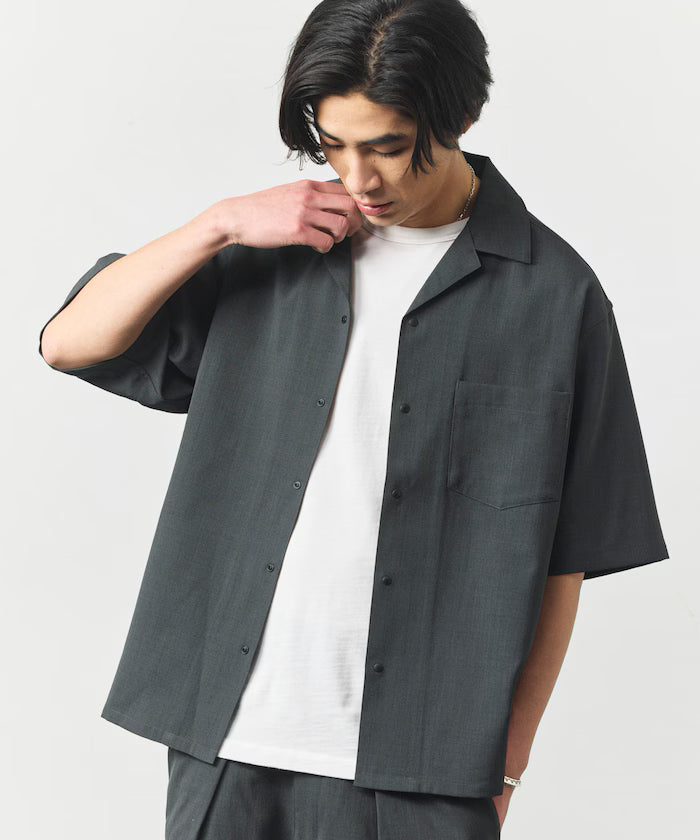[New Color Addition] Quick-Dry Material Relaxed Fit Open Collar Short Sleeve Shirt Linen-Like