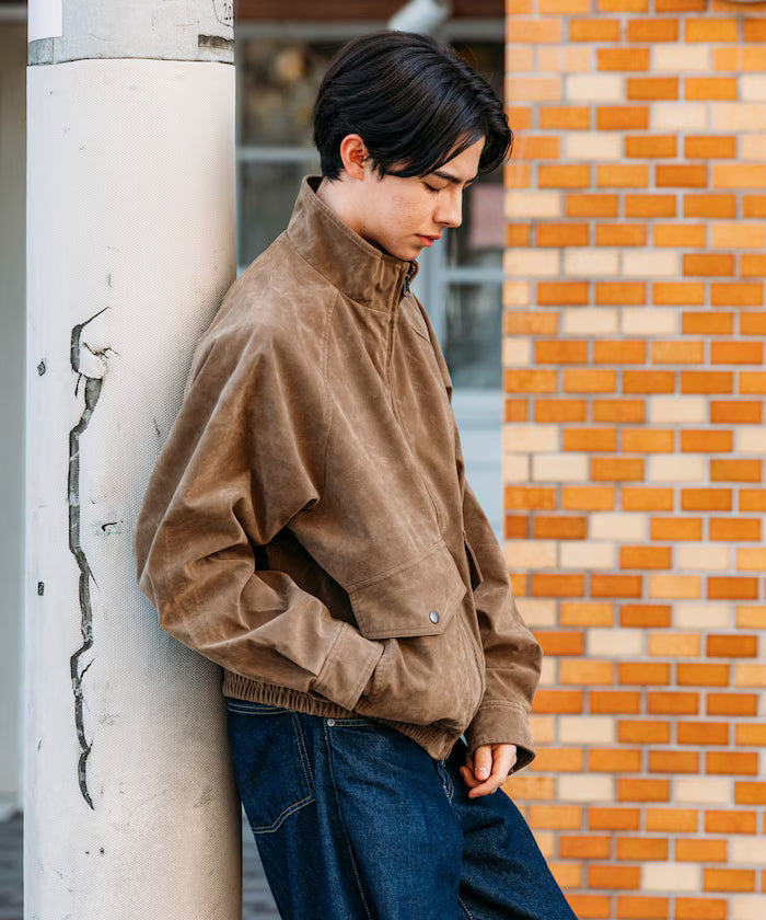 Washed processed leather red stand collar zip-up short blouson