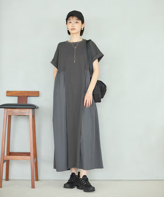 Organic Cotton Mixed Material Docking Gathered Dress