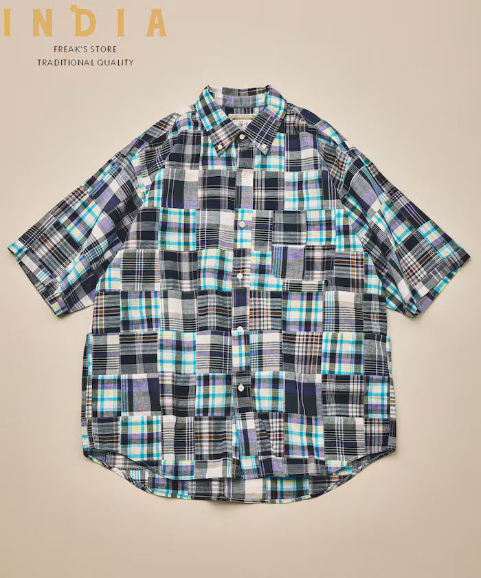 Indian-made Relaxed Fit Madras Check Patchwork Button-down Short Sleeve Shirt