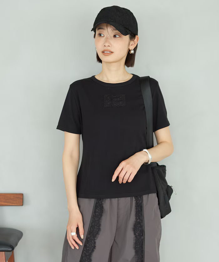 Lace Applique Cotton Modal T-Shirt - Black