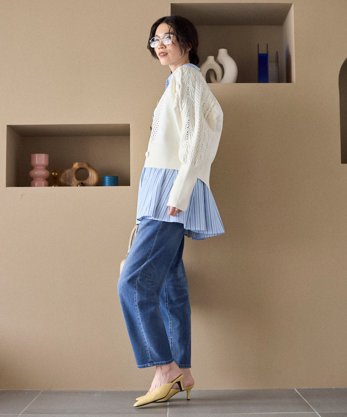Variation Button Volume Sleeve Cable Knit Cardigan