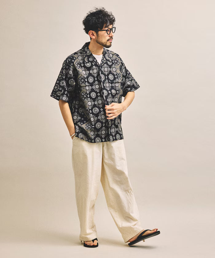 [New color added] Indian-made Relaxed Fit Batik Pattern Print Open Collar Shirt Short Sleeve Small Pattern