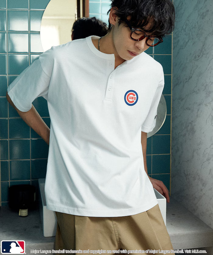 Limited Edition Custom MLB Logo Print Henley Neck Oversized T-Shirt