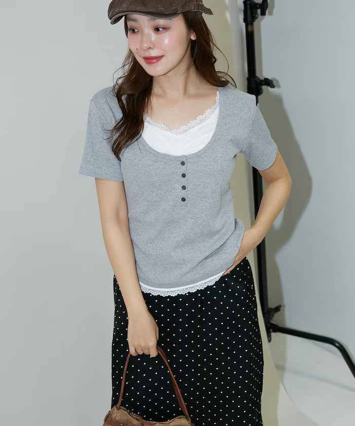Short Sleeve Lace Layered Style Henley Neck T-Shirt Limited Edition