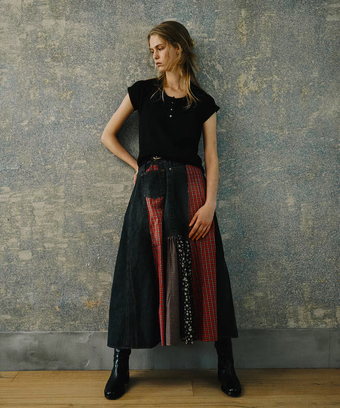 Side Front Denim Color Block Flared Skirt