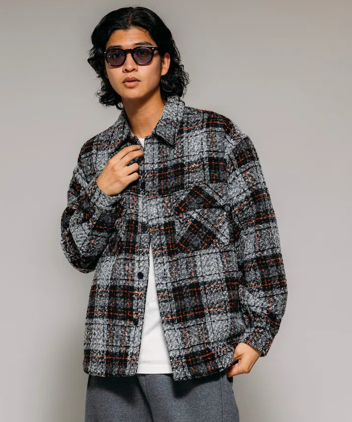 Poly Tweed CPO Check Shirt Jacket - Black