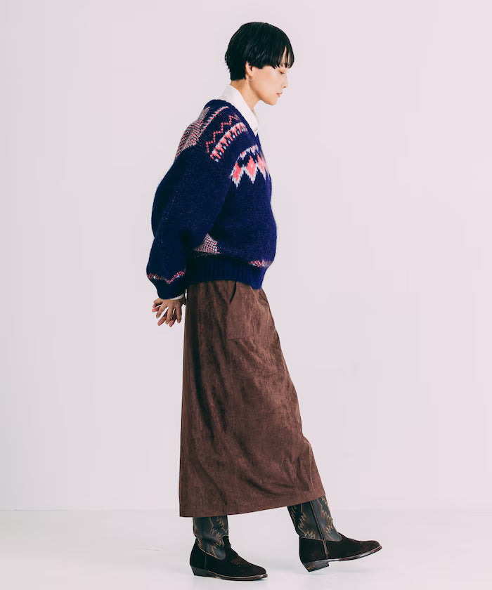 V-neck color block Nordic pattern knit