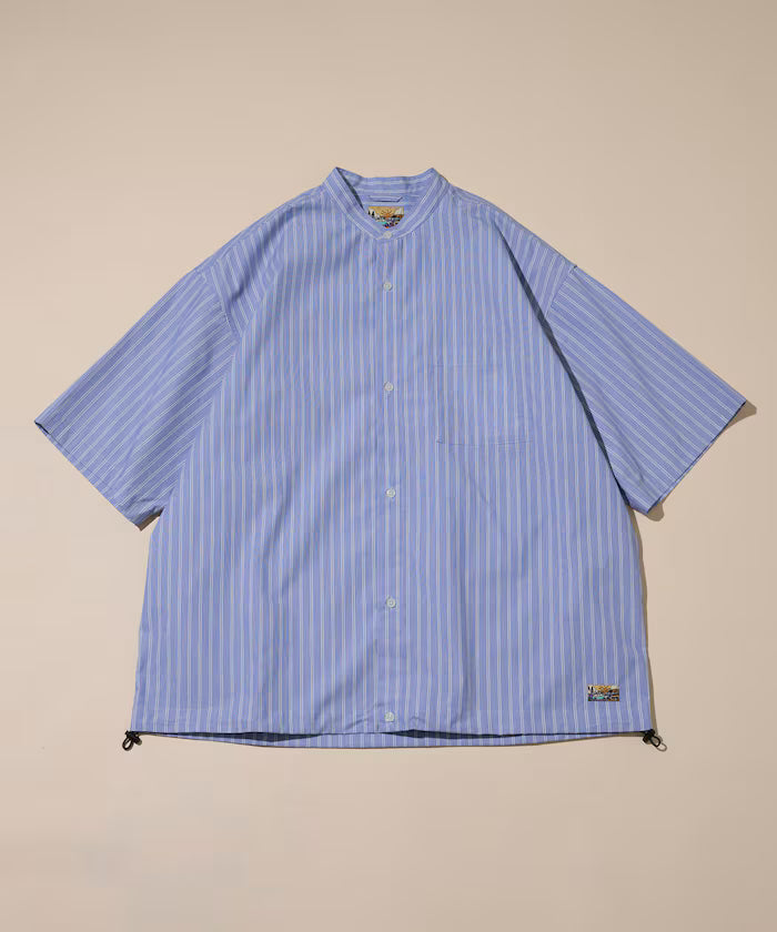 Typewriter Spindle Band Collar Stripe Short Sleeve Shirt