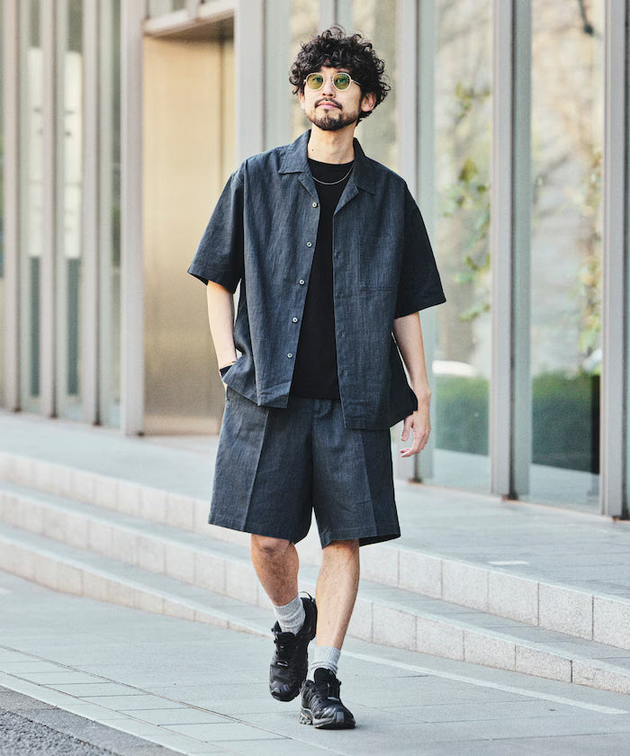 LINEN COTTON OPEN COLLAR SS SHIRT