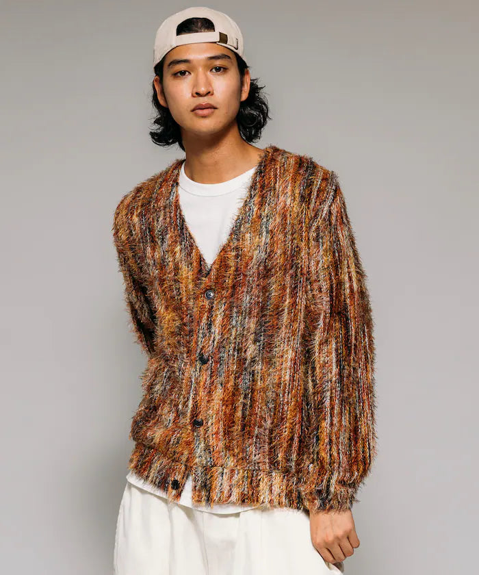 Relaxed Fit Shaggy Knit Multi-Stripe Cardigan
