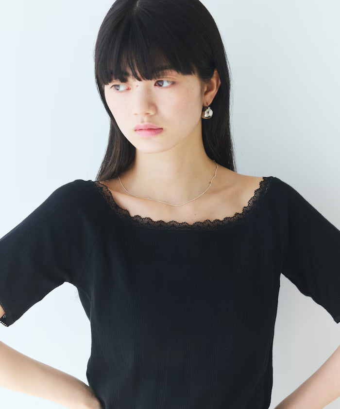 Boat Neck Pullover Knit Lace T-Shirt - Black