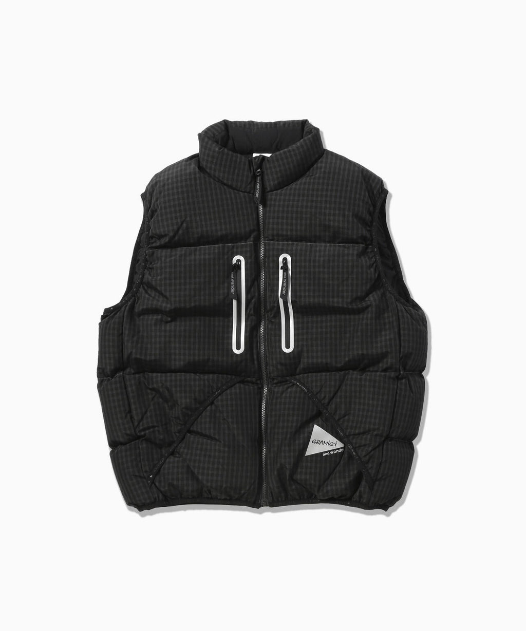 GRAMICCI × and wander wool check down vest - charcoal