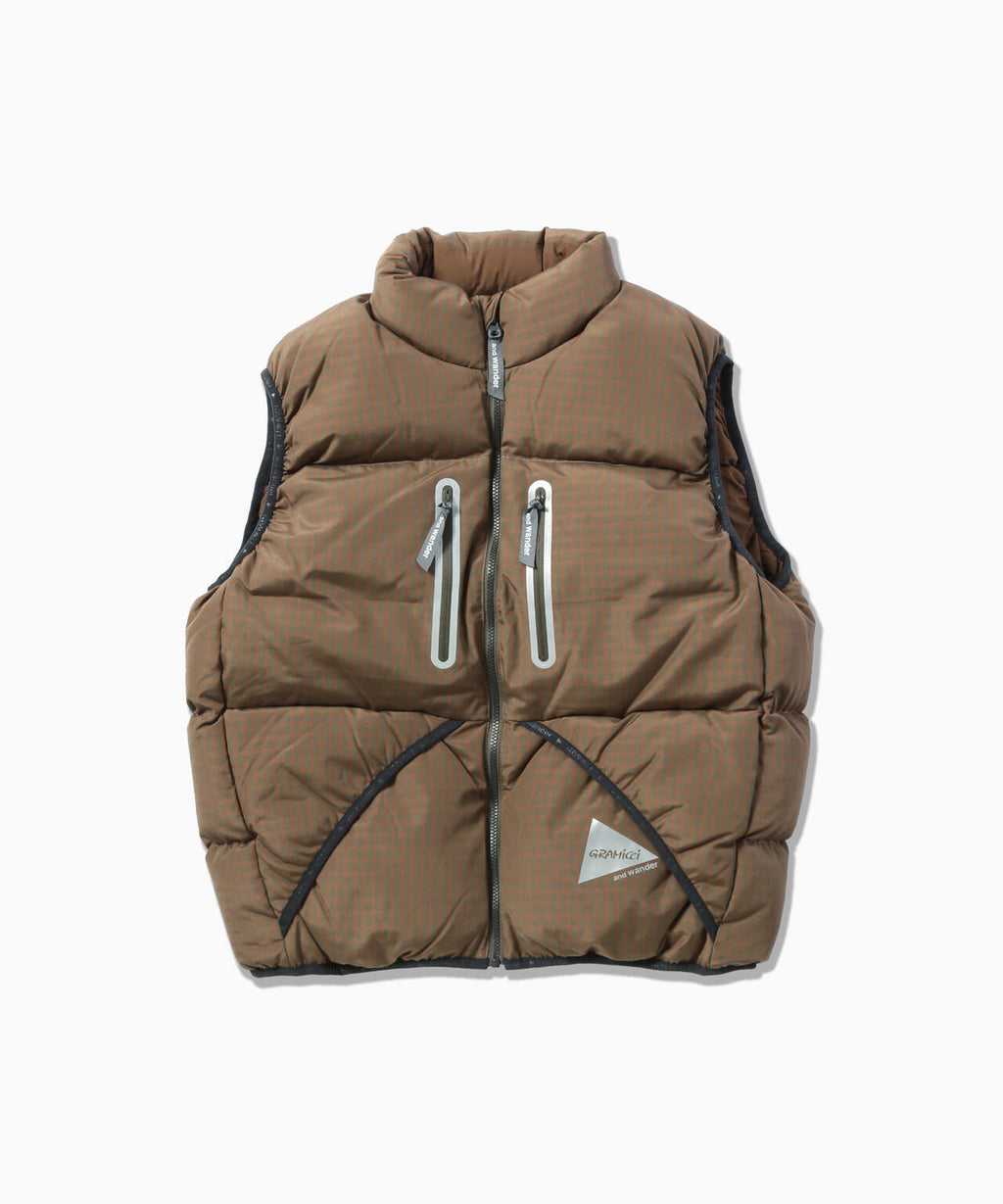 GRAMICCI × and wander wool check down vest - orange
