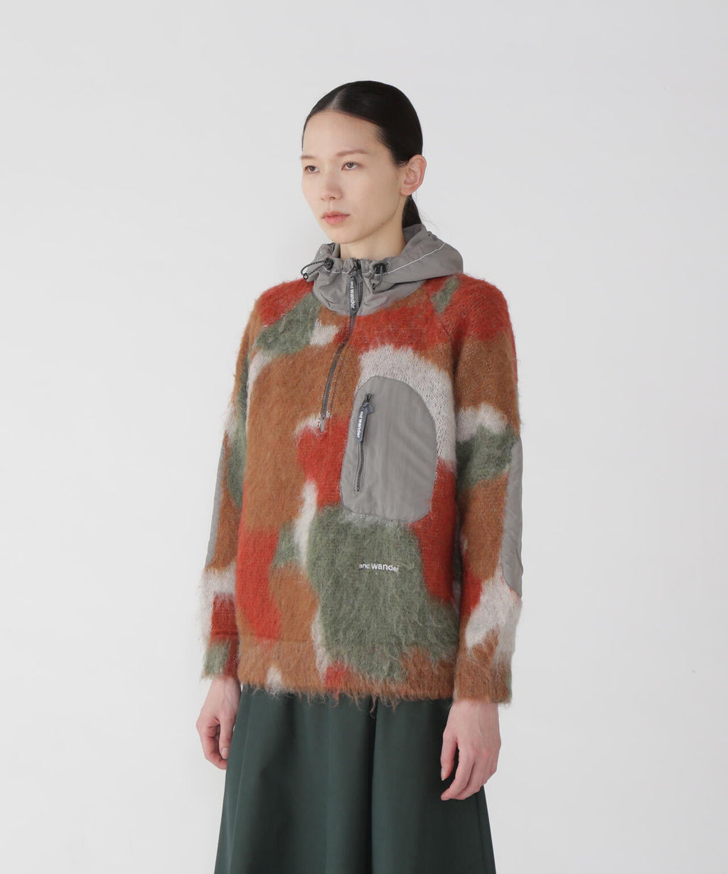 mix color shaggy knit hoodie