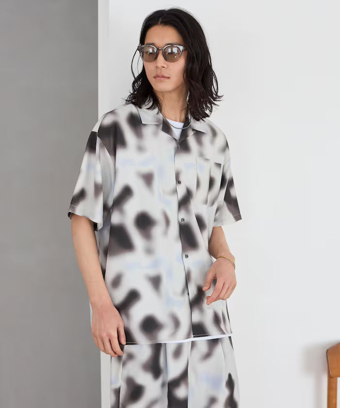 Open collar pattern short sleeve shirt / all-over design open collar shirt / compatible with set-up