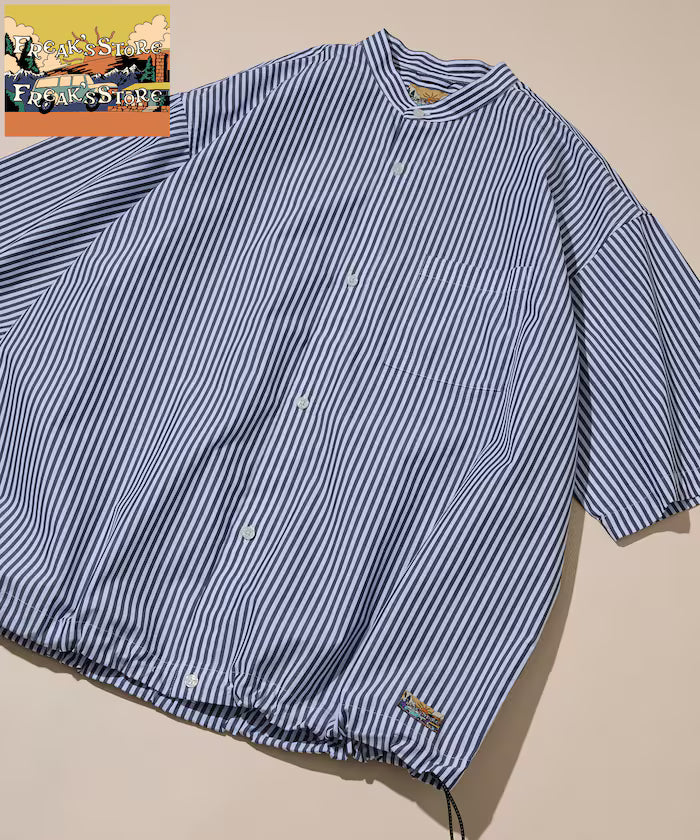 Typewriter Spindle Band Collar Stripe Short Sleeve Shirt - Navy