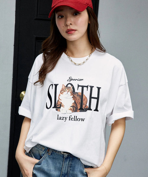 <Functional Material> SLOTH Embroidered Cat T-Shirt Limited Edition - White