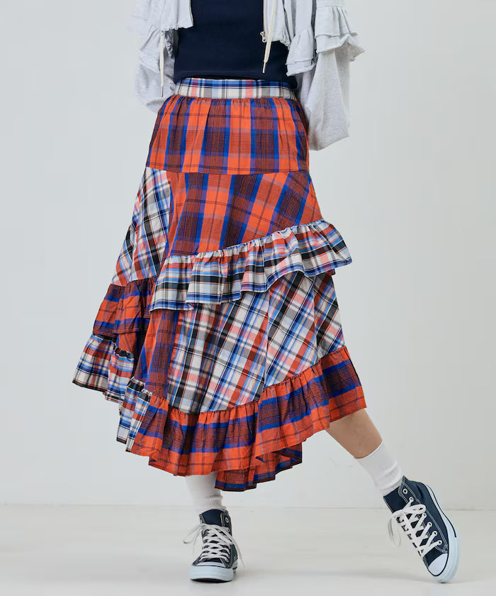 Check x Check Asymmetrical Frill Skirt