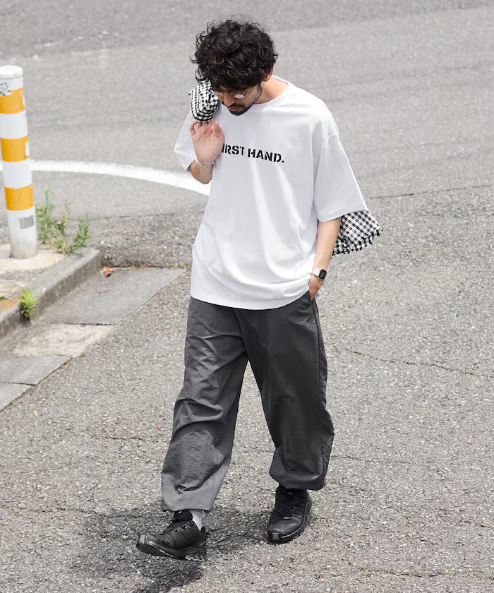 Wide Straight Nylon Track Pants / Tapered Silhouette Easy Nylon Pants