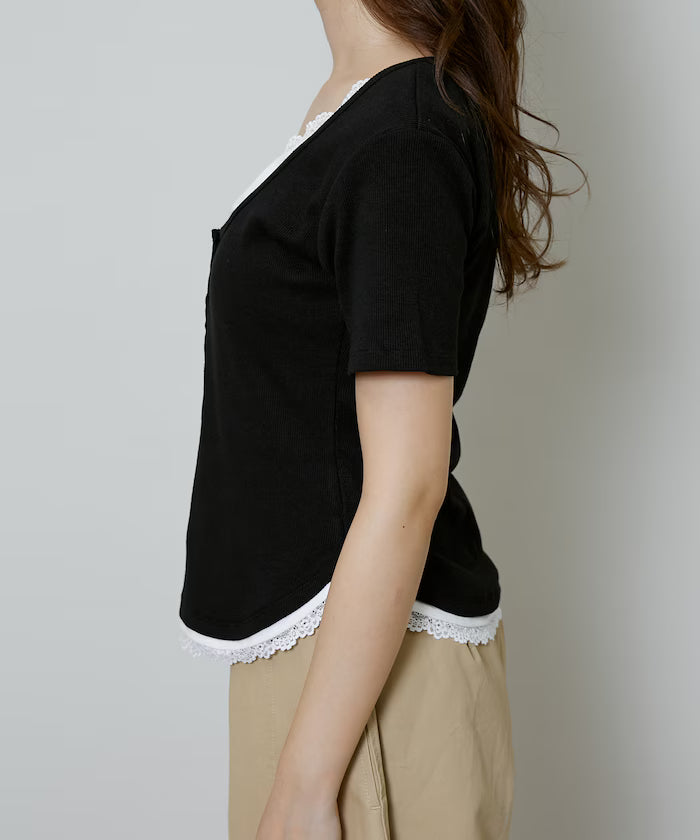 Short Sleeve Lace Layered Style Henley Neck T-Shirt Limited Edition