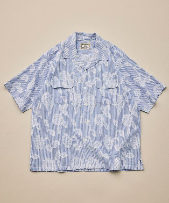 India-made Relaxed Fit Cut Jacquard Stripe Open Collar Short Sleeve Shirt