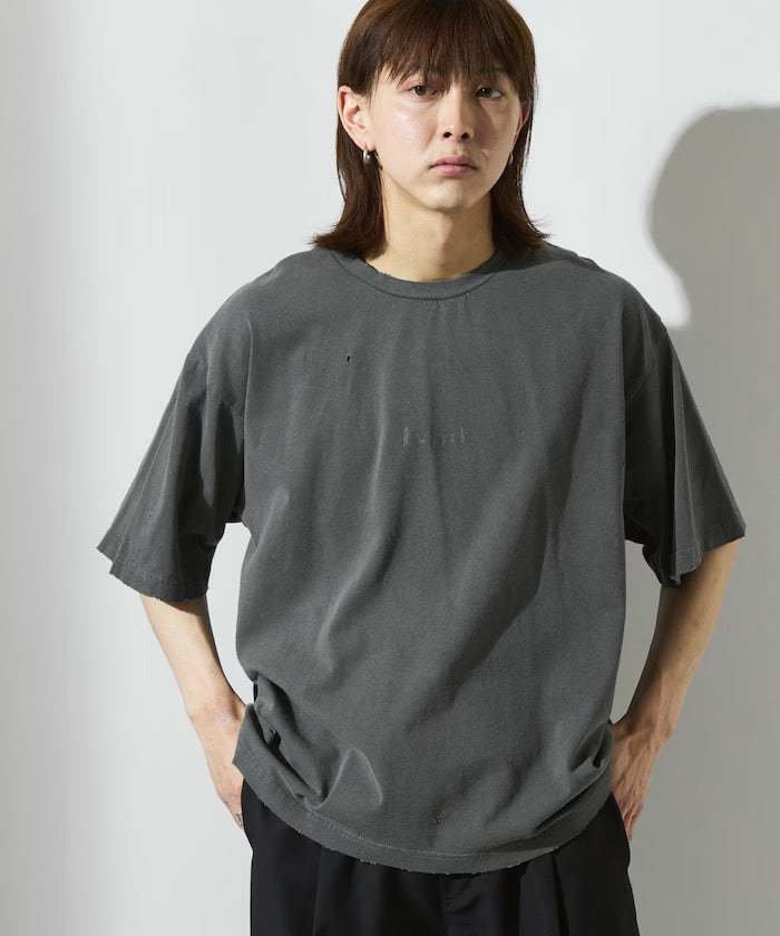 7.3 oz damaged processed front logo print short sleeve T-shirt / oversized crew neck short sleeve T-shirt