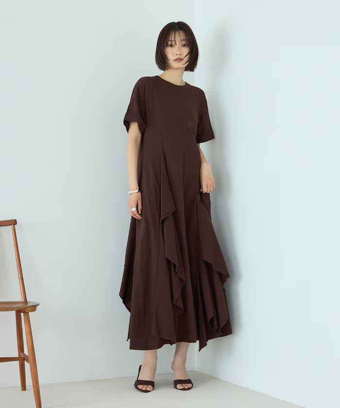Organic Cotton Draped Flare Dress - Brown