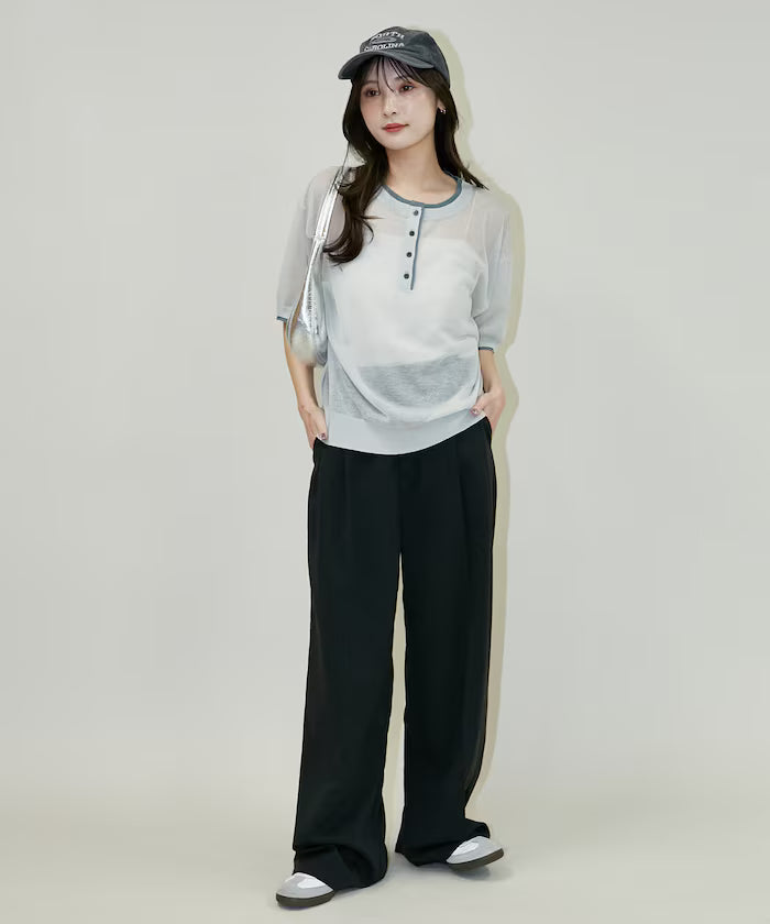Washable linen color block henley neck knit top limited release