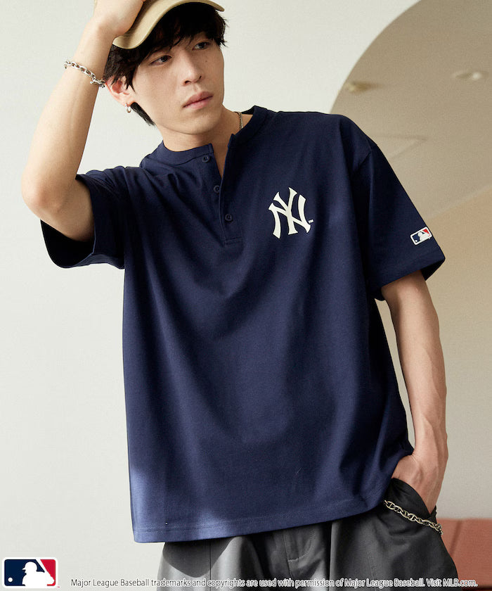 Limited Edition Custom MLB Logo Print Henley Neck Oversized T-Shirt - Navy