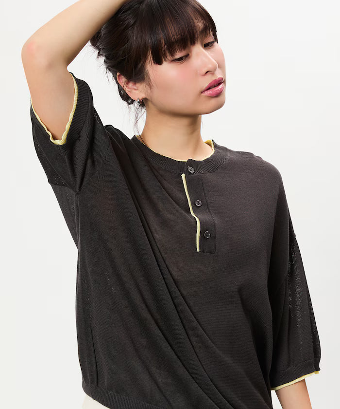 Limited Edition Relaxed Fit Color Block Henley Neck Knit - Charcoal Gray