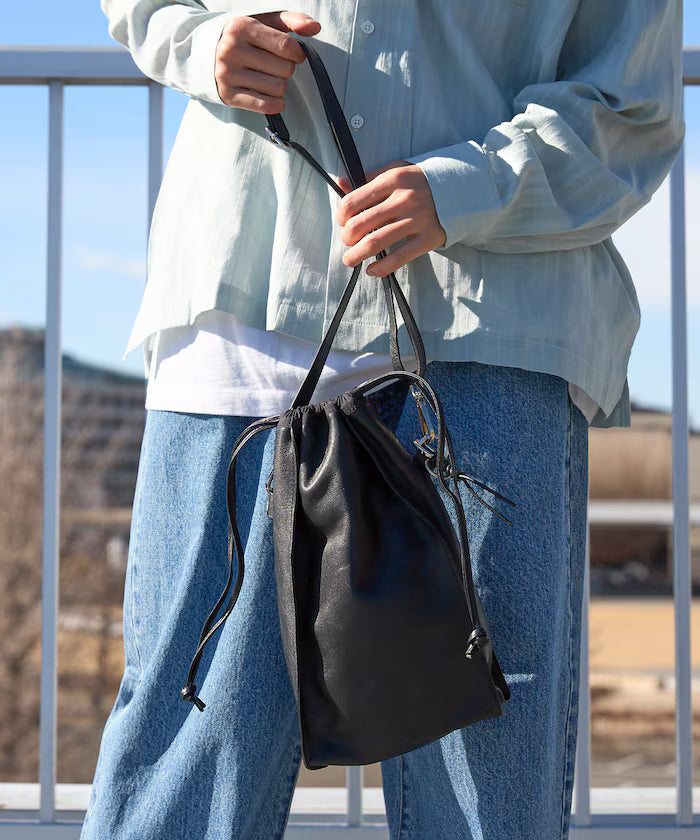 2WAY Leather Shoulder Bag 3 / Leather Vertical Drawstring 2WAY Shoulder Bag / Cowhide / Water-repellent Leather - Black