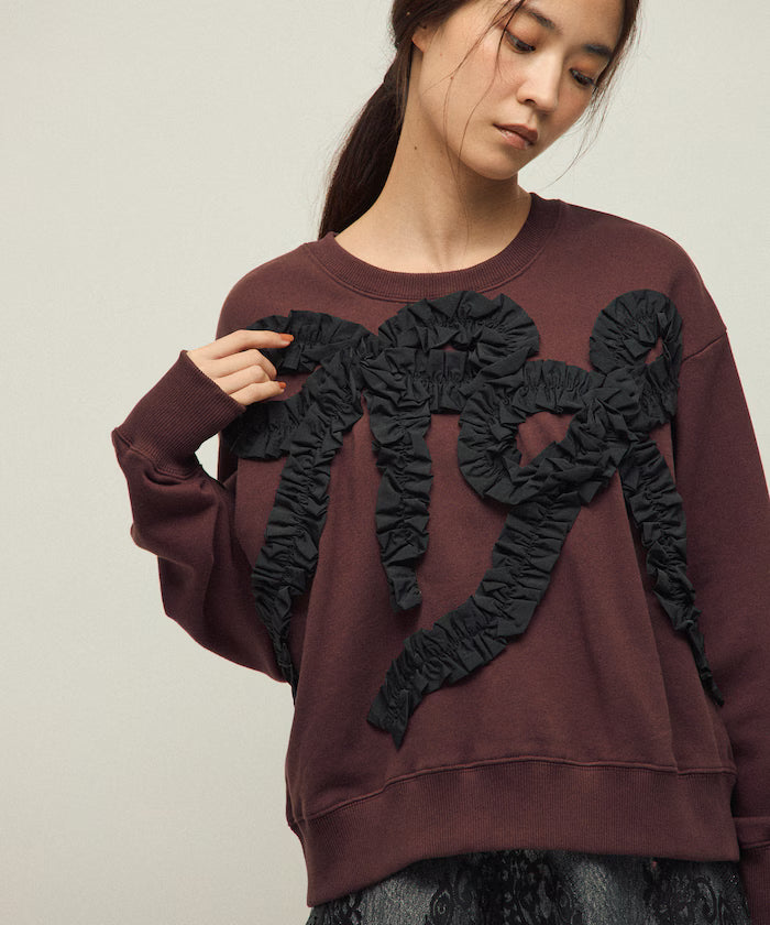 Organic Cotton Gather Ribbon Sweat / Relaxed Fit / French Terry Sweat - Brown