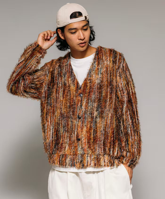 Relaxed Fit Shaggy Knit Multi-Stripe Cardigan