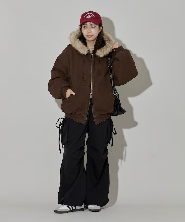 2way fake fur zip-up padded hooded jacket with detachable fur